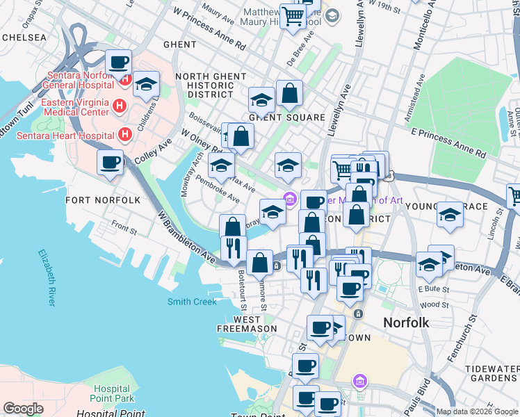 map of restaurants, bars, coffee shops, grocery stores, and more near 317 Fairfax Avenue in Norfolk