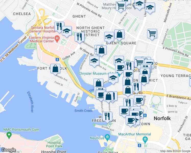 map of restaurants, bars, coffee shops, grocery stores, and more near 308 Colonial Avenue in Norfolk