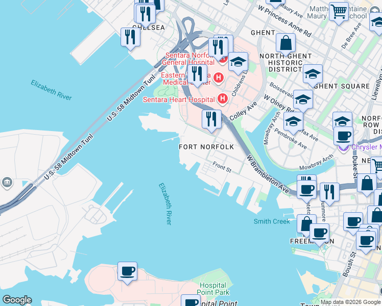 map of restaurants, bars, coffee shops, grocery stores, and more near 801 Front Street in Norfolk
