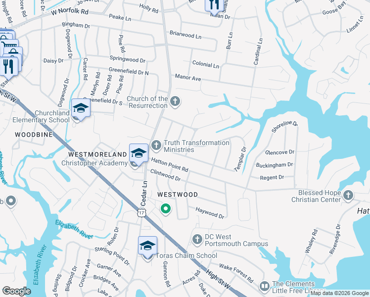 map of restaurants, bars, coffee shops, grocery stores, and more near in Portsmouth