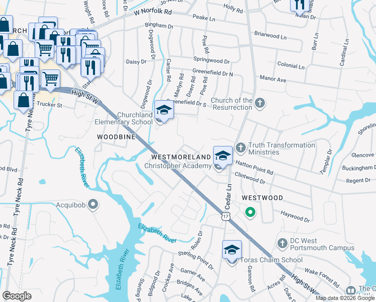 map of restaurants, bars, coffee shops, grocery stores, and more near 3336 Clover Hill Drive in Portsmouth