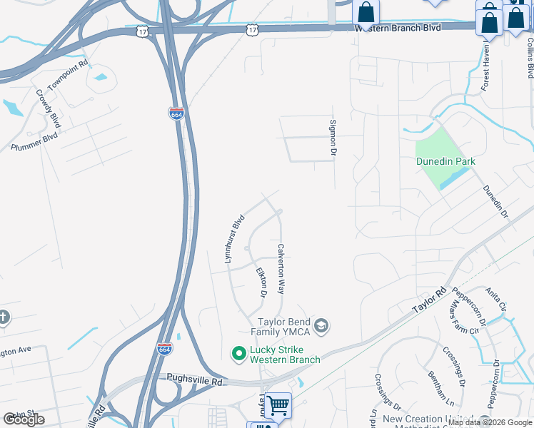 map of restaurants, bars, coffee shops, grocery stores, and more near 3363 Lynnhurst Boulevard in Chesapeake