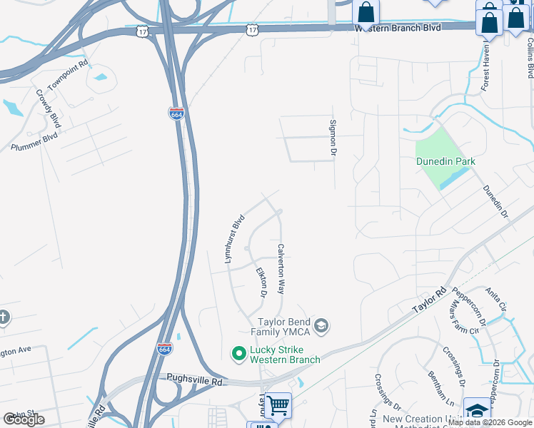 map of restaurants, bars, coffee shops, grocery stores, and more near 3363 Lynnhurst Boulevard in Chesapeake