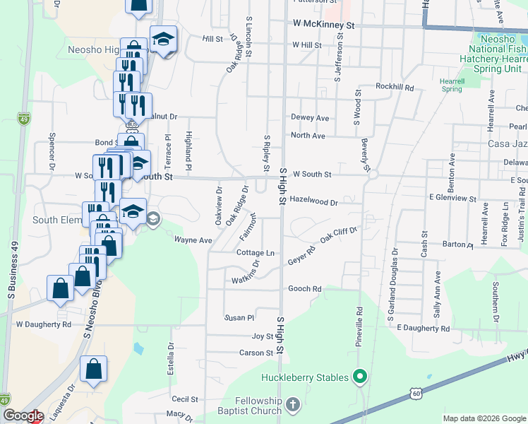 map of restaurants, bars, coffee shops, grocery stores, and more near 1025 South High Street in Neosho