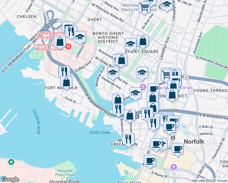 map of restaurants, bars, coffee shops, grocery stores, and more near 308 Colonial Avenue in Norfolk