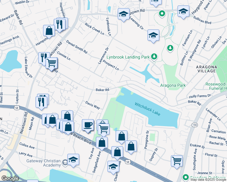 map of restaurants, bars, coffee shops, grocery stores, and more near 5421 Trumpet Vine Court in Virginia Beach