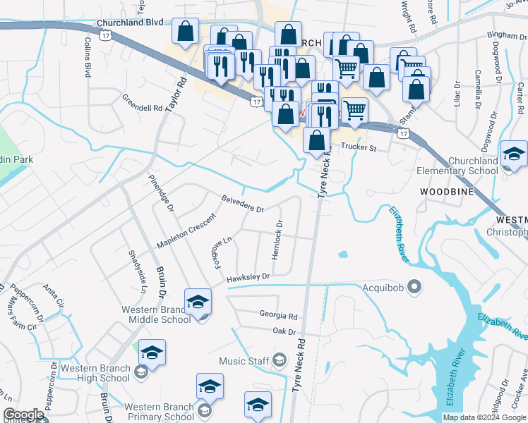 map of restaurants, bars, coffee shops, grocery stores, and more near 4056 Belvedere Drive in Chesapeake