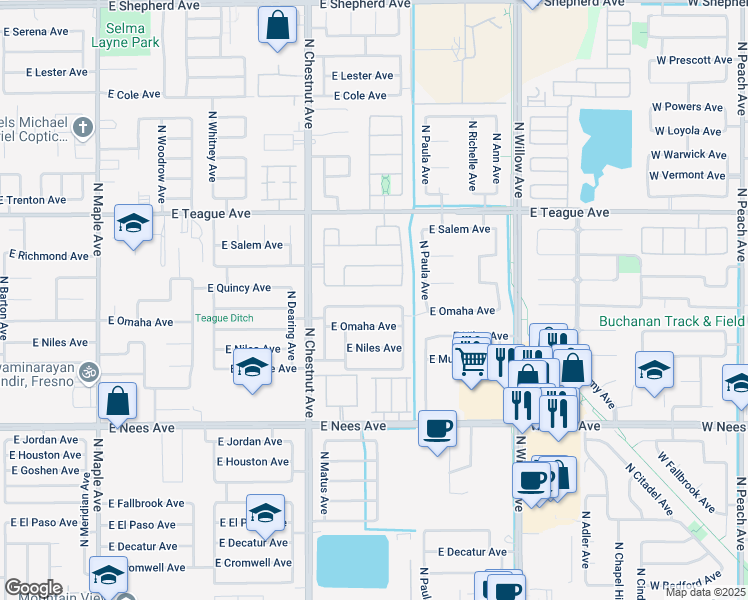 map of restaurants, bars, coffee shops, grocery stores, and more near 2656 East Portland Avenue in Fresno