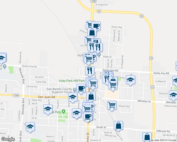 map of restaurants, bars, coffee shops, grocery stores, and more near 4 San Benito Street in Hollister
