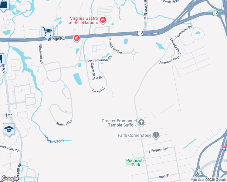 map of restaurants, bars, coffee shops, grocery stores, and more near 111 Zebulon Court in Suffolk