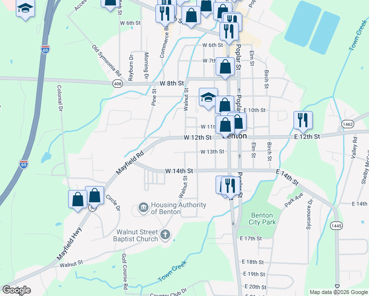 map of restaurants, bars, coffee shops, grocery stores, and more near 300-398 West 13th Street in Benton