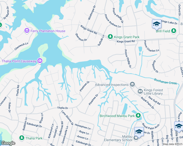 map of restaurants, bars, coffee shops, grocery stores, and more near 612 Pinetree Circle in Virginia Beach