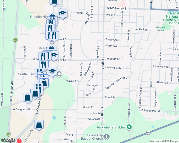 map of restaurants, bars, coffee shops, grocery stores, and more near 1211 Fairmont in Neosho