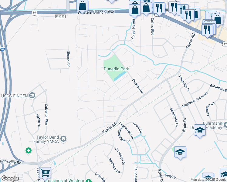 map of restaurants, bars, coffee shops, grocery stores, and more near 3208 Dunworken Drive in Chesapeake