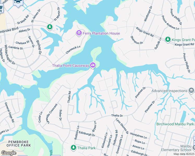 map of restaurants, bars, coffee shops, grocery stores, and more near 633 West Lynn Shores Circle in Virginia Beach