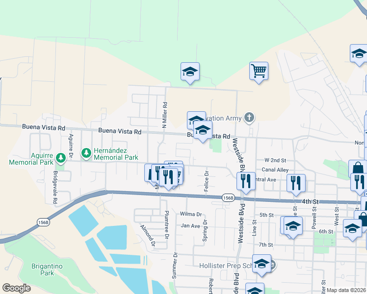 map of restaurants, bars, coffee shops, grocery stores, and more near 1252 Damasco Lane in Hollister