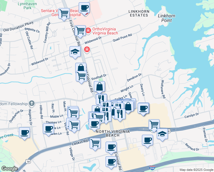 map of restaurants, bars, coffee shops, grocery stores, and more near 963 Colonial Meadows Way in Virginia Beach