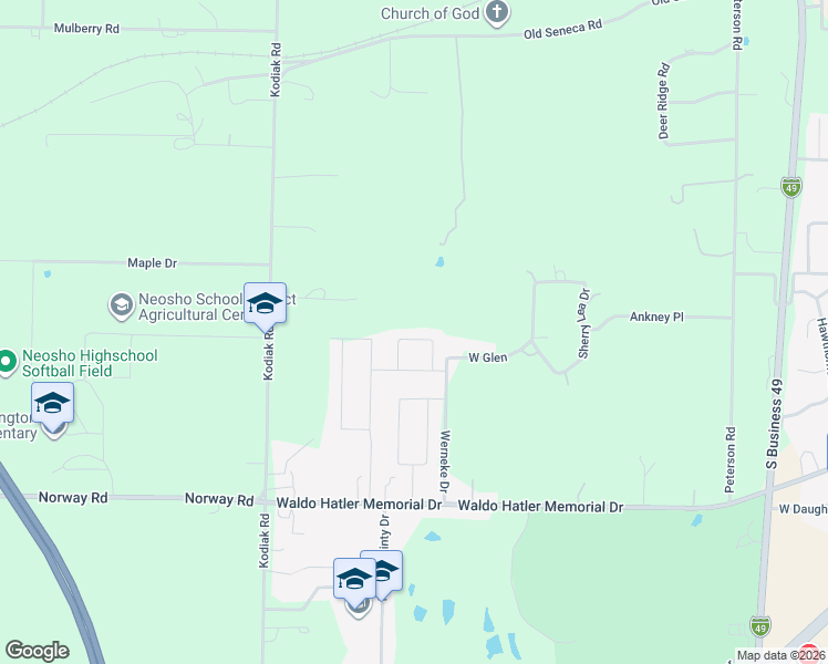 map of restaurants, bars, coffee shops, grocery stores, and more near 2100-2298 Timber Crest in Neosho