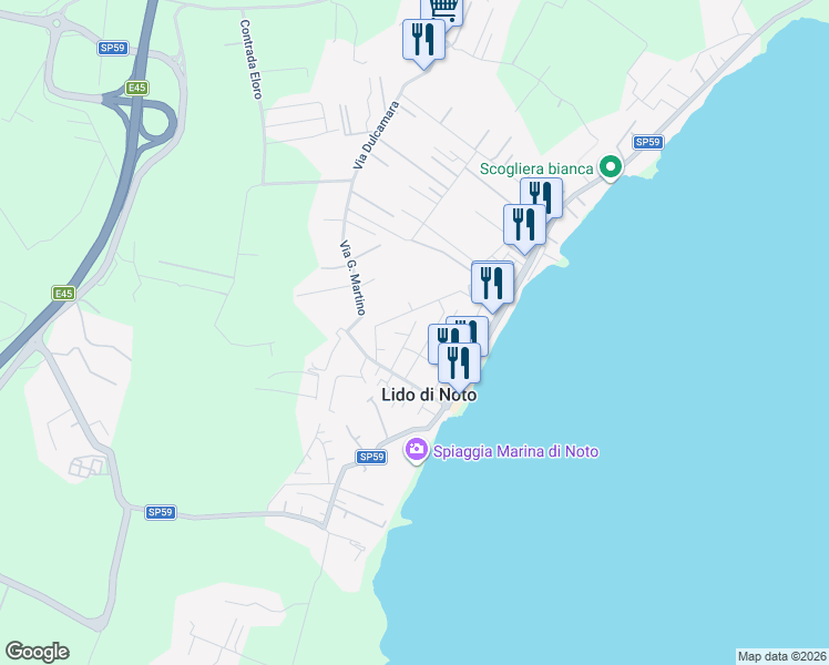 map of restaurants, bars, coffee shops, grocery stores, and more near 14 Via C. Terranova in Lido di Noto