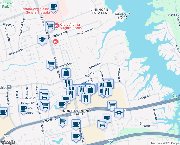 map of restaurants, bars, coffee shops, grocery stores, and more near 832 Seward Lane in Virginia Beach
