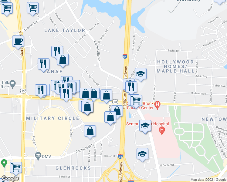 map of restaurants, bars, coffee shops, grocery stores, and more near 6112 Lockamy Lane in Norfolk