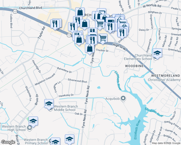 map of restaurants, bars, coffee shops, grocery stores, and more near 3316 Tyre Neck Road in Chesapeake