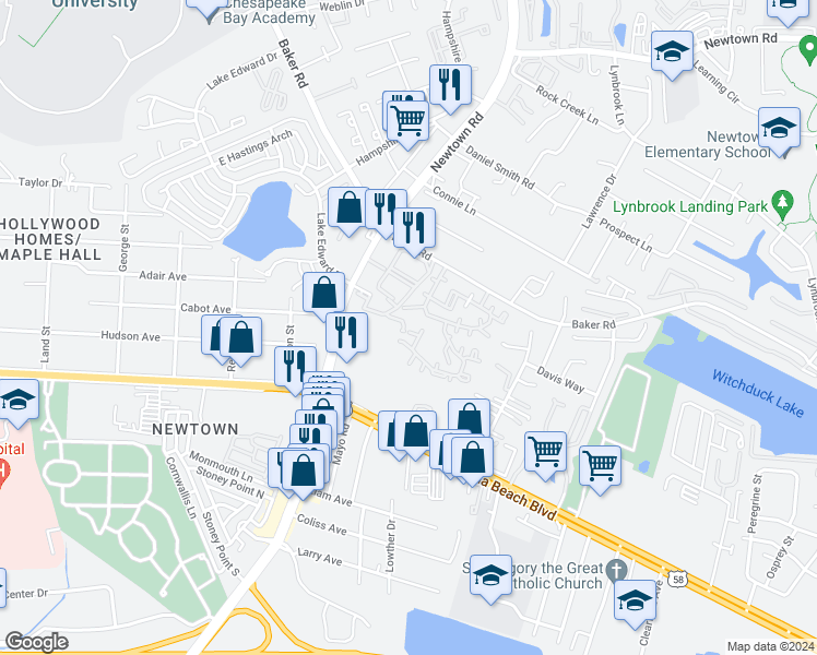 map of restaurants, bars, coffee shops, grocery stores, and more near 533 Landfall Arch in Virginia Beach