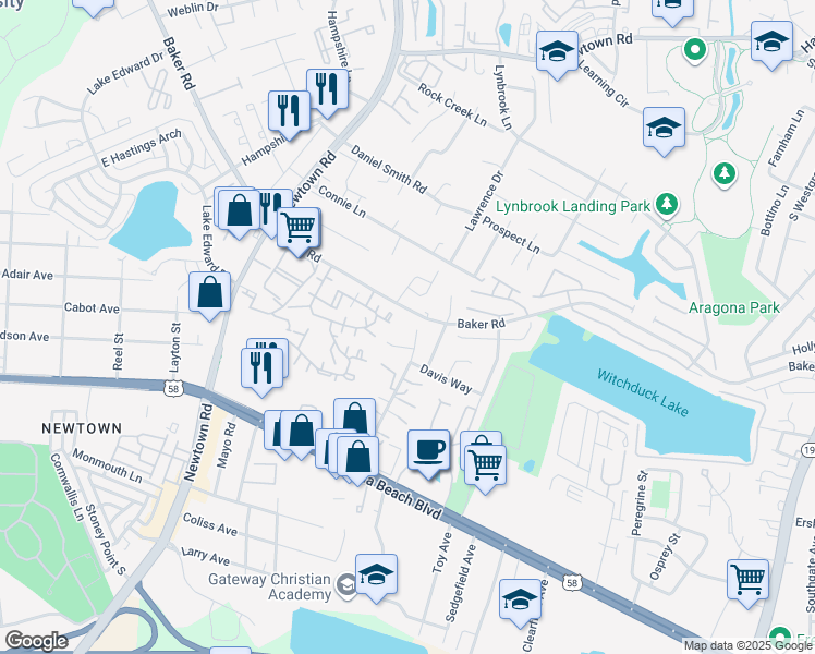 map of restaurants, bars, coffee shops, grocery stores, and more near 585 Davis St in Virginia Beach