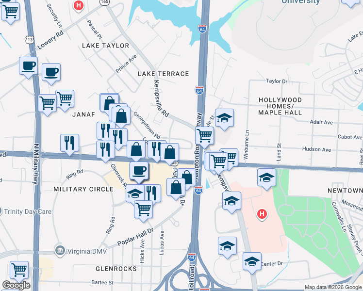 map of restaurants, bars, coffee shops, grocery stores, and more near 6112 Lockamy Lane in Norfolk