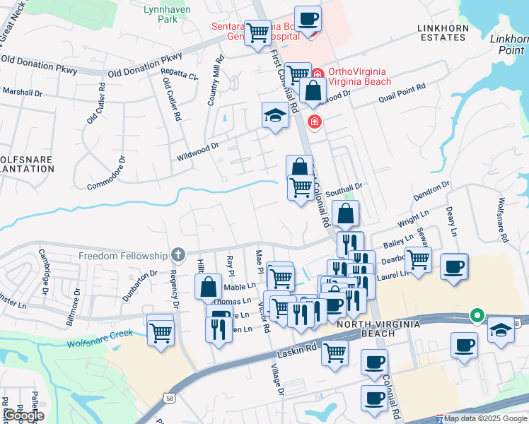 map of restaurants, bars, coffee shops, grocery stores, and more near 1817 Michael Court in Virginia Beach