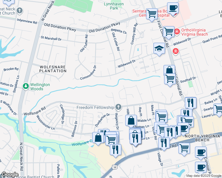 map of restaurants, bars, coffee shops, grocery stores, and more near 924 Mountain Laurel Trail in Virginia Beach