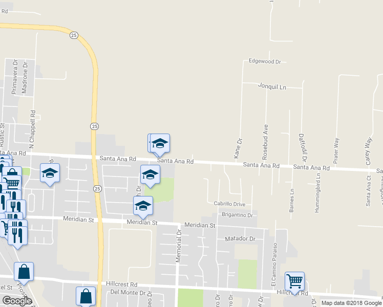 map of restaurants, bars, coffee shops, grocery stores, and more near 1050 Santa Ana Road in Hollister
