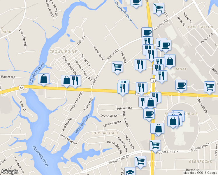 map of restaurants, bars, coffee shops, grocery stores, and more near 5550 East Virginia Beach Boulevard in Norfolk