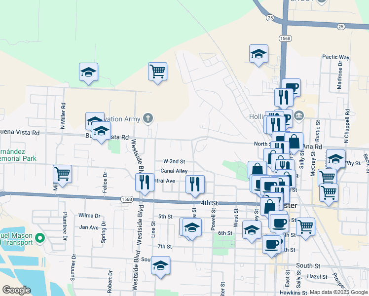 map of restaurants, bars, coffee shops, grocery stores, and more near 31 Acacia Court in Hollister