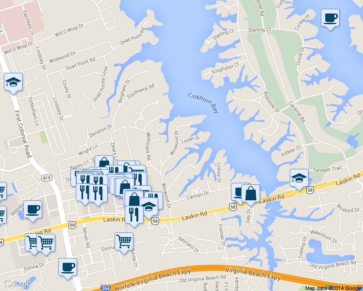 map of restaurants, bars, coffee shops, grocery stores, and more near 904 Winwood Drive in Virginia Beach