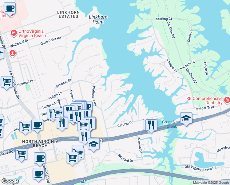 map of restaurants, bars, coffee shops, grocery stores, and more near 904 Winwood Drive in Virginia Beach