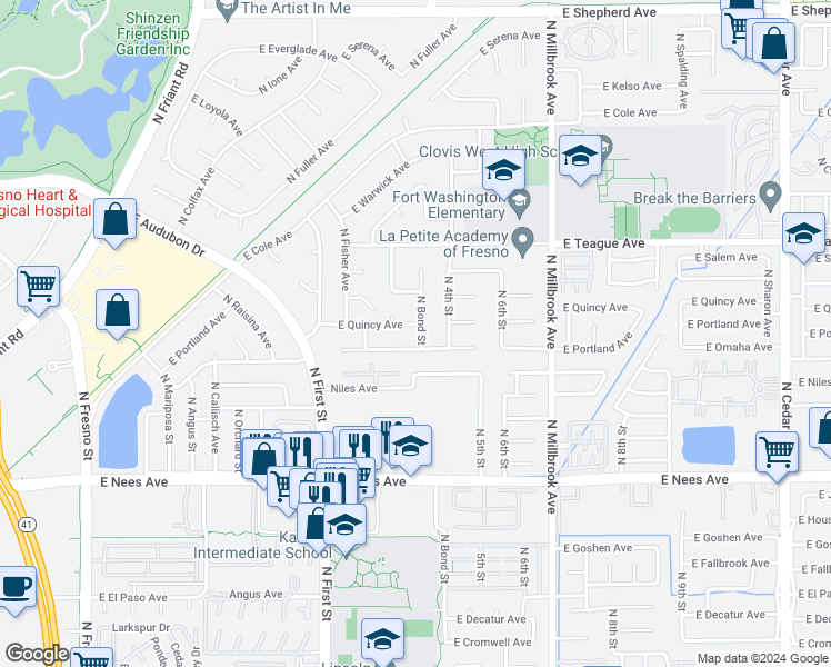 map of restaurants, bars, coffee shops, grocery stores, and more near 675 East Quincy Avenue in Fresno