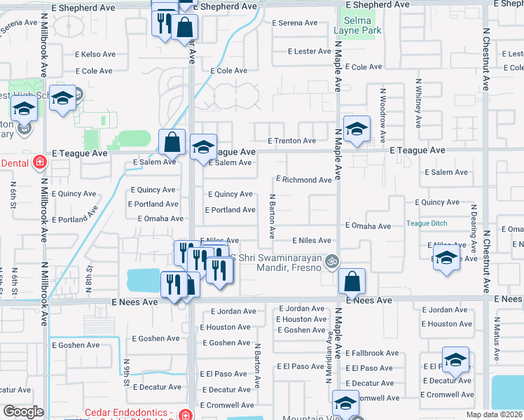 map of restaurants, bars, coffee shops, grocery stores, and more near 8288 North Chance Avenue in Fresno