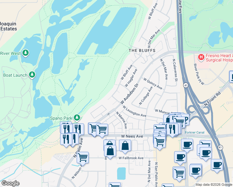 map of restaurants, bars, coffee shops, grocery stores, and more near 455 West Bluff Avenue in Fresno
