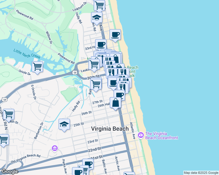 map of restaurants, bars, coffee shops, grocery stores, and more near 2800 Pacific Avenue in Virginia Beach