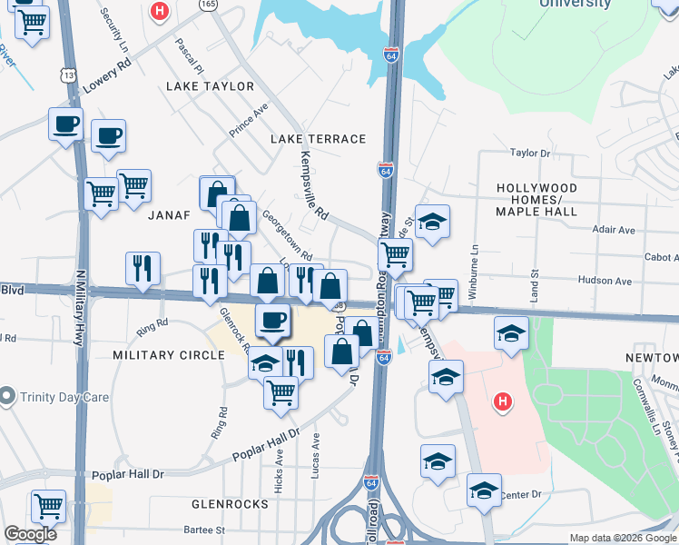 map of restaurants, bars, coffee shops, grocery stores, and more near 6020 Lockamy Lane in Norfolk