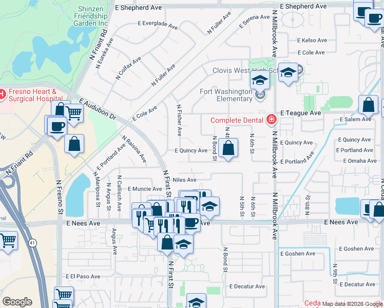 map of restaurants, bars, coffee shops, grocery stores, and more near 629 East Quincy Avenue in Fresno