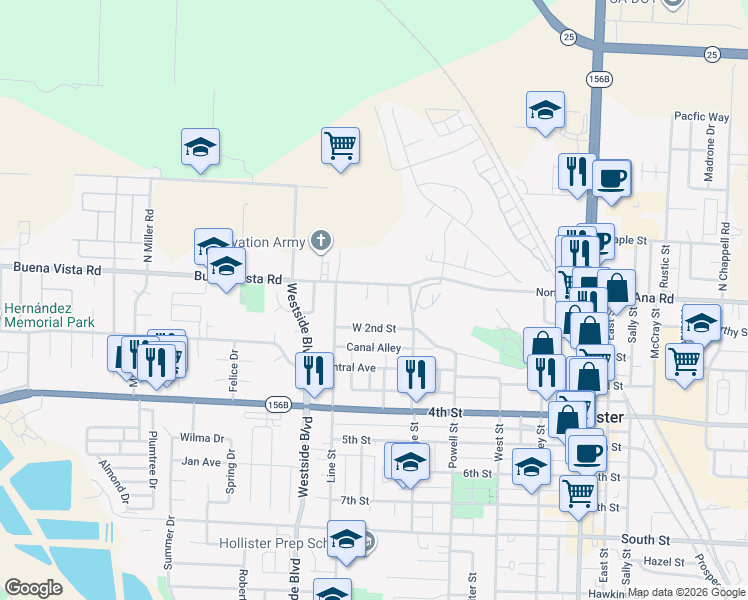 map of restaurants, bars, coffee shops, grocery stores, and more near 20 Almond Court in Hollister