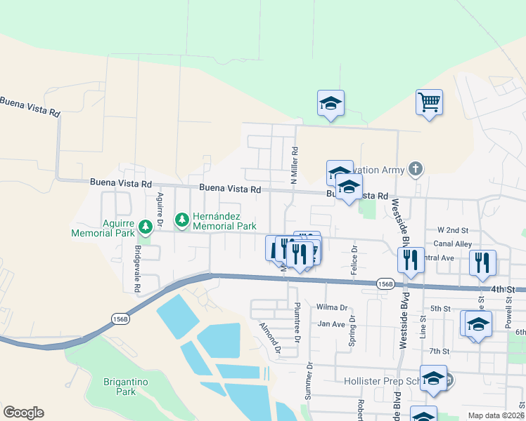 map of restaurants, bars, coffee shops, grocery stores, and more near 101 North Gonzalez Drive in Hollister
