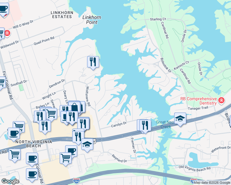 map of restaurants, bars, coffee shops, grocery stores, and more near 1409 Linlier Drive in Virginia Beach