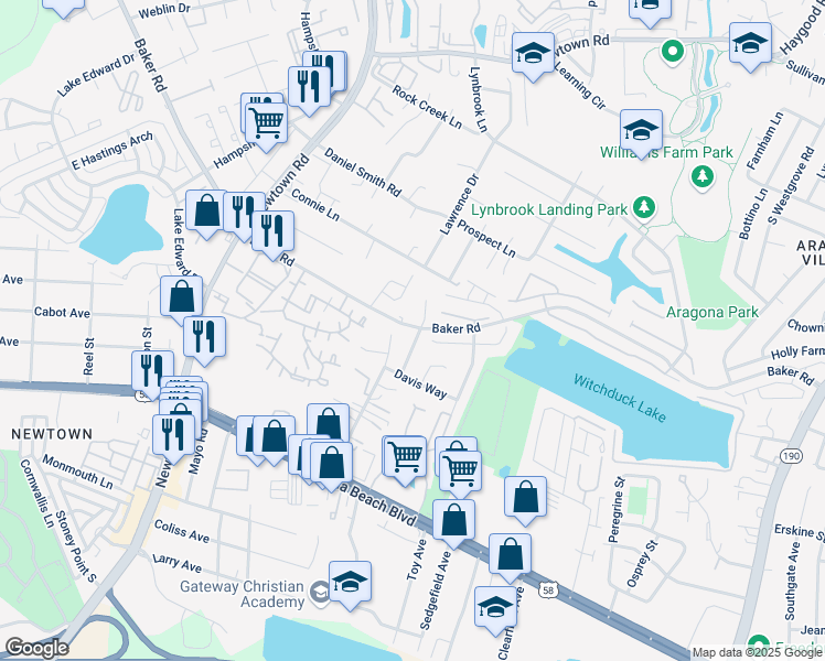map of restaurants, bars, coffee shops, grocery stores, and more near 645 Aubrey Drive in Virginia Beach