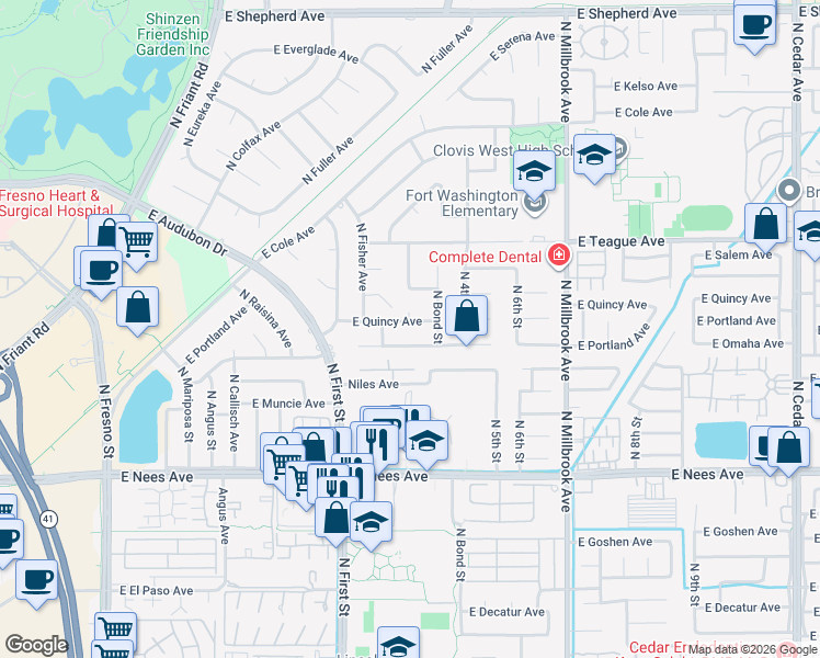 map of restaurants, bars, coffee shops, grocery stores, and more near 629 East Quincy Avenue in Fresno
