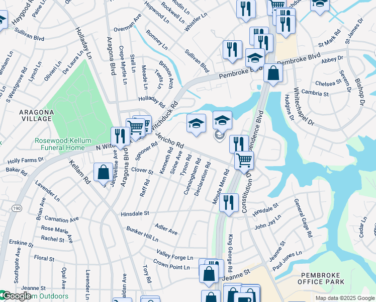 map of restaurants, bars, coffee shops, grocery stores, and more near 677 Tyson Road in Virginia Beach
