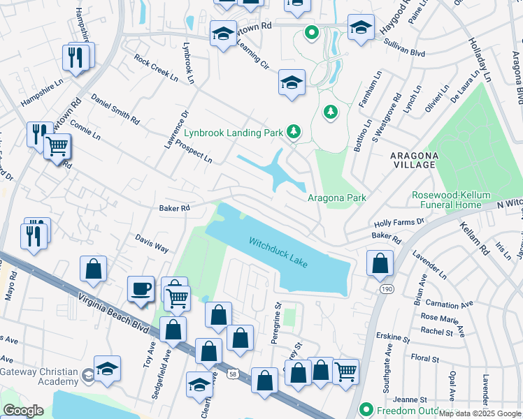 map of restaurants, bars, coffee shops, grocery stores, and more near 5524 Bulls Bay Drive in Virginia Beach