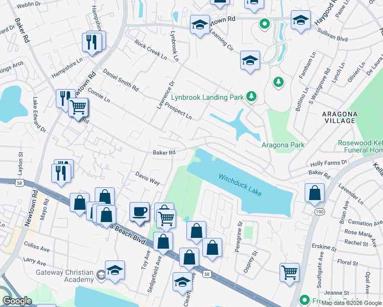 map of restaurants, bars, coffee shops, grocery stores, and more near 5400 Trumpet Vine Court in Virginia Beach